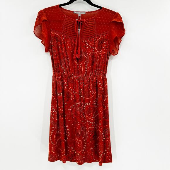 NWT Danielrainn Women's Red Paisley Floral Tassel Mini A Line Dress PXS